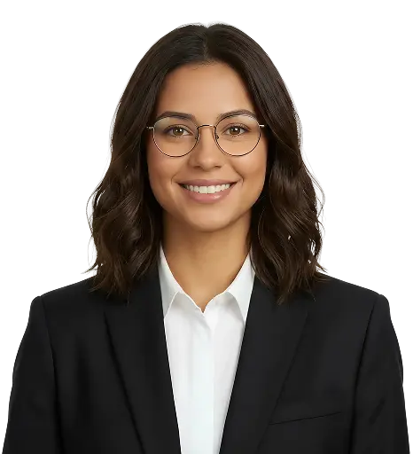 Mulher com óculos e blazer preto sorrindo para a câmera em retrato corporativo.