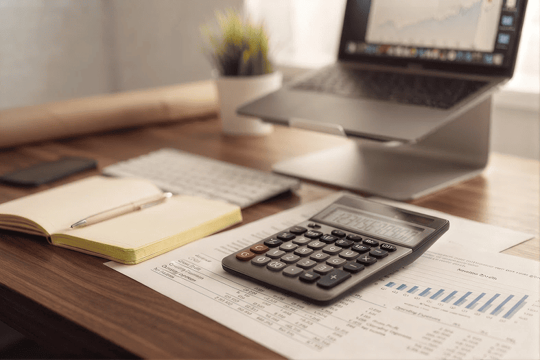 Calculadora de mesa sobre folhas com gráficos financeiros em uma escrivaninha de escritório, com um notebook ao fundo.
